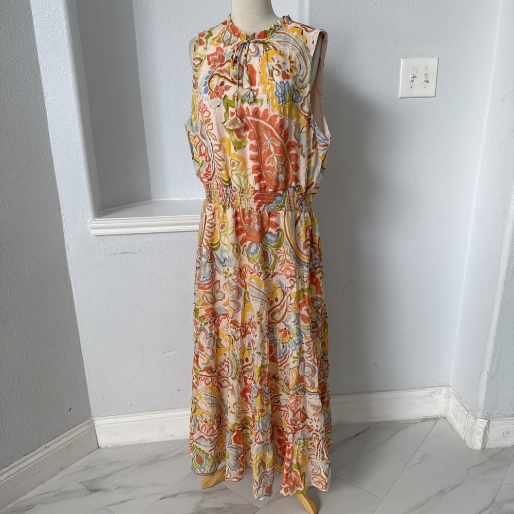 MSK Maxi Dress Womens XL Boho Paisley Tiered Smocked Artsy Resort Romantic - Picture 2 of 11